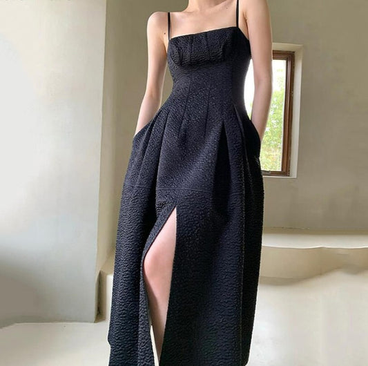 Sister Fara New Summer 2022 Elegant Spaghetti Strap Dress for Women Sleeveless Pocket Dresses Office Lady Split Camisole Dress