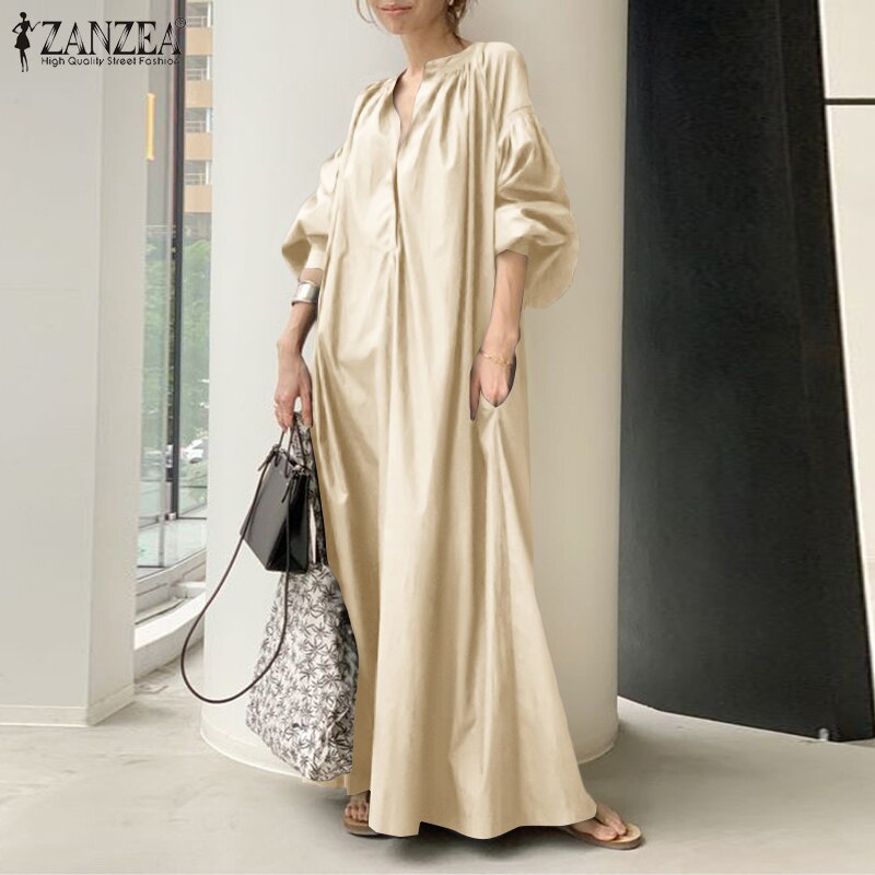 Oversized flowy maxi dress with lantern sleeves