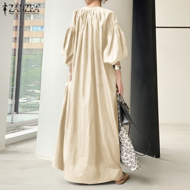 Oversized flowy maxi dress with lantern sleeves