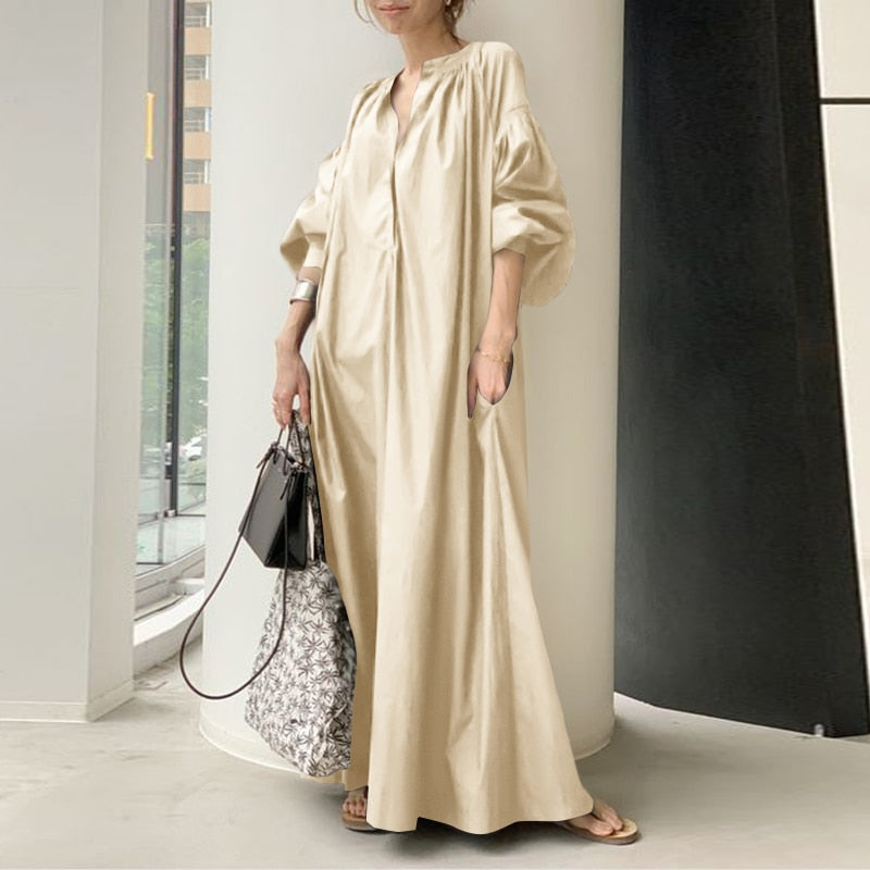 Oversized flowy maxi dress with lantern sleeves