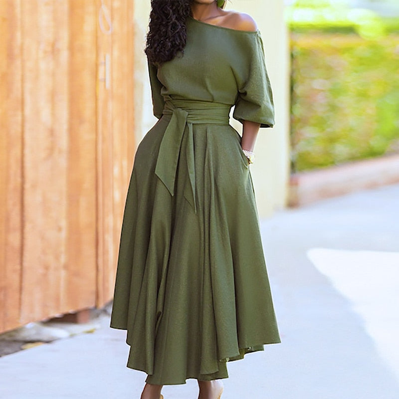 Women Elegant Sexy Off Shoulder Party Dress 2021 Summer Tie-Up A-Line Dress Office Lady Casual Short Sleeve Pocket Dress Vestido