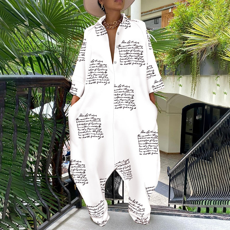 Long-sleeved oversized print jumpsuit