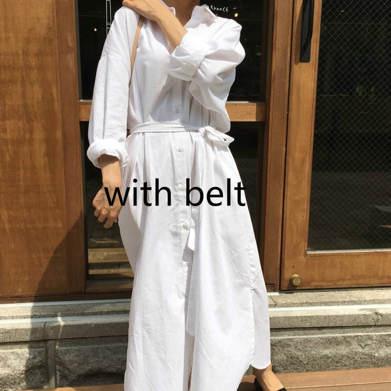 Long-sleeve collared long shirt dress with belt