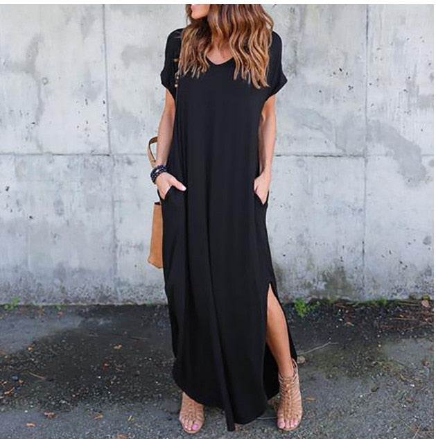 Loose short-sleeve maxi dress with side splits