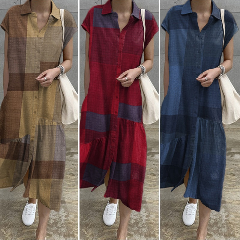 ZANZEA Elegant Summer Long Shirt Dress Women Lapel Neck Short Sleeve Solid Loose Work Sundress Robe Femme Maxi Vestido