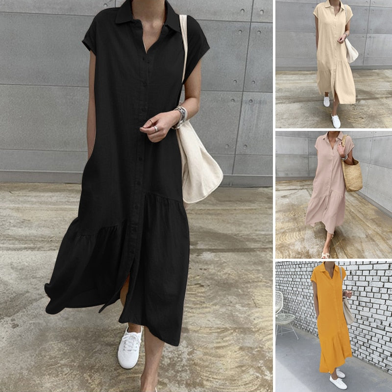 ZANZEA Elegant Summer Long Shirt Dress Women Lapel Neck Short Sleeve Solid Loose Work Sundress Robe Femme Maxi Vestido