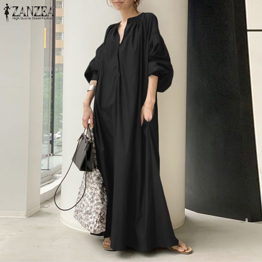 Oversized flowy maxi dress with lantern sleeves