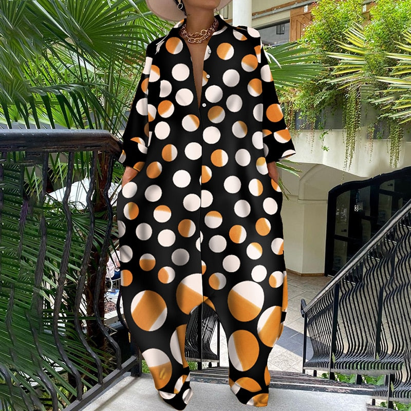 Long-sleeved oversized print jumpsuit