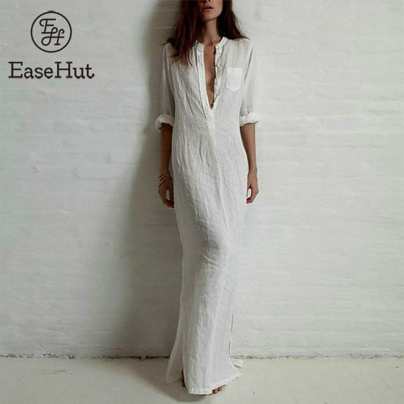 EaseHut Summer Dress Women 2022 Boho Solid Rolled Long Sleeve Button Shirt Sundress Elegant Loose Maxi Long Dress Plus Size