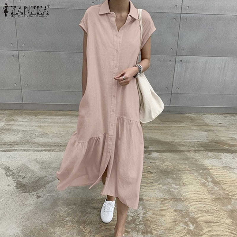 ZANZEA Elegant Summer Long Shirt Dress Women Lapel Neck Short Sleeve Solid Loose Work Sundress Robe Femme Maxi Vestido