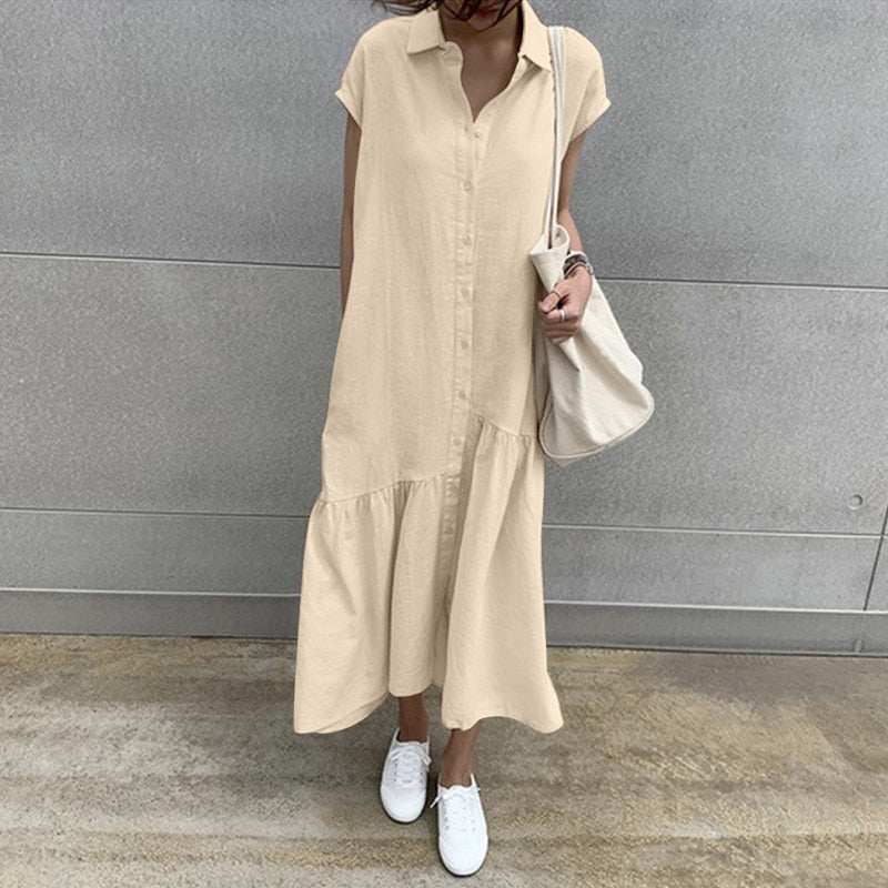 ZANZEA Elegant Summer Long Shirt Dress Women Lapel Neck Short Sleeve Solid Loose Work Sundress Robe Femme Maxi Vestido