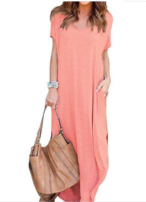 Loose short-sleeve maxi dress with side splits