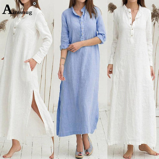 Women Elegant Long Maxi Shirt Dress Summer Cotton Linen Mandarin Collar Party Dresses 2020 Femme Vintage Pockets Loose Dress