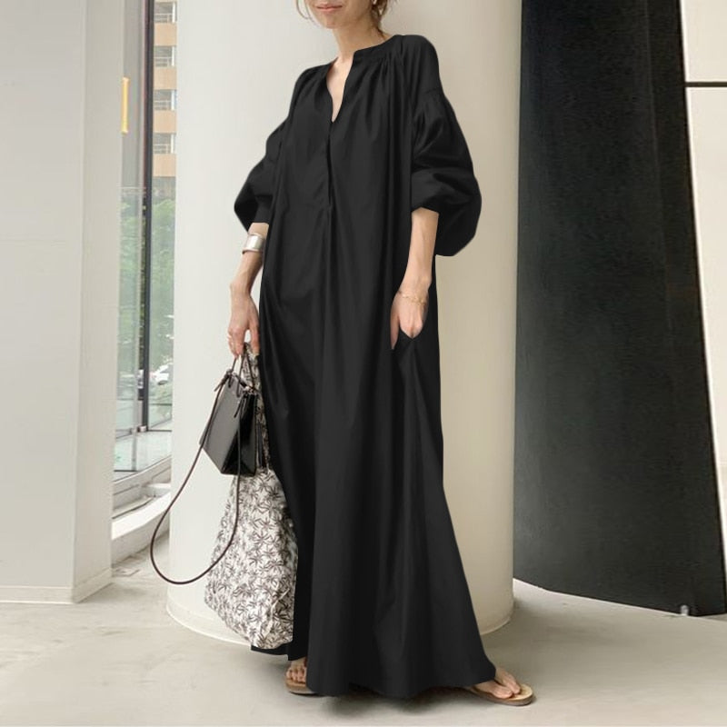 Oversized flowy maxi dress with lantern sleeves