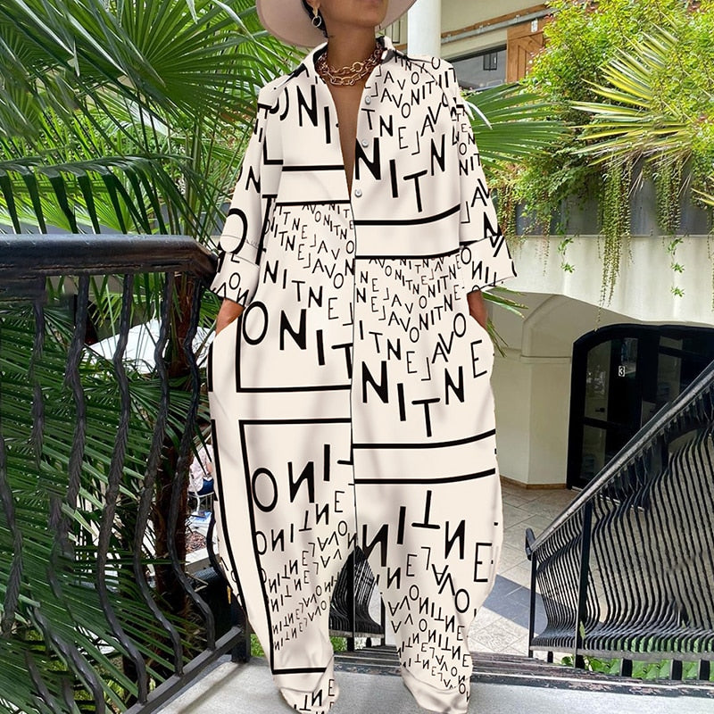 Long-sleeved oversized print jumpsuit