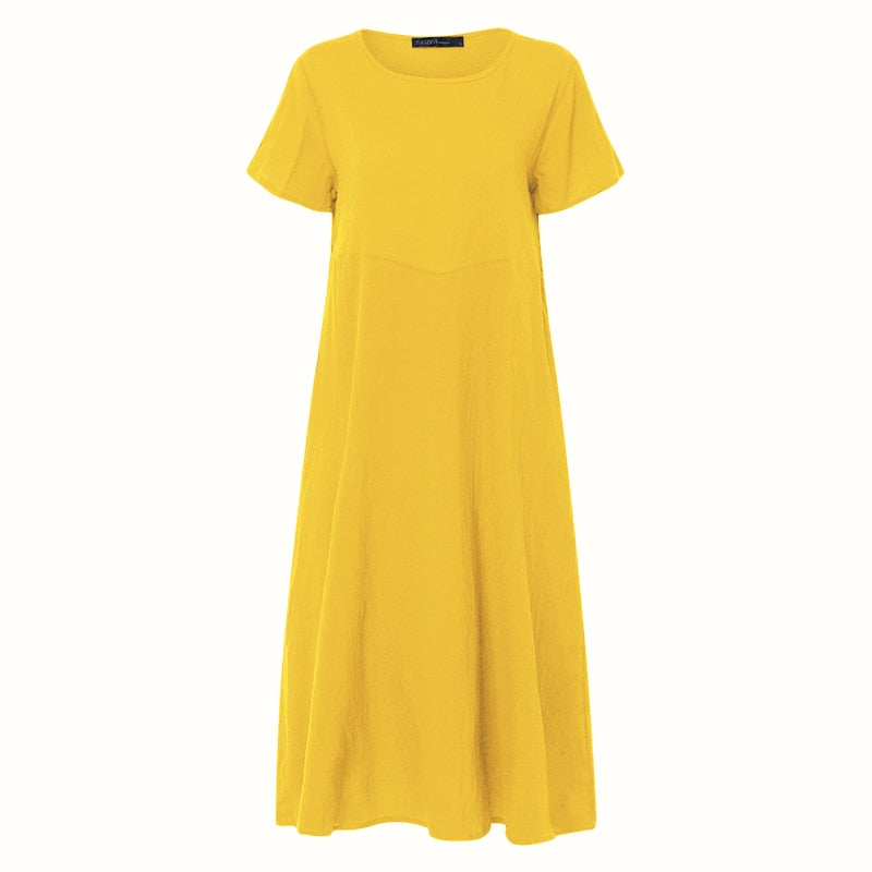 ZANZEA 2022 Elegant Linen Midi Dress Women&#39;s Summer Sundress vintage Short Sleeve Tunic Vestido Female O Neck Pleated Robe Femme