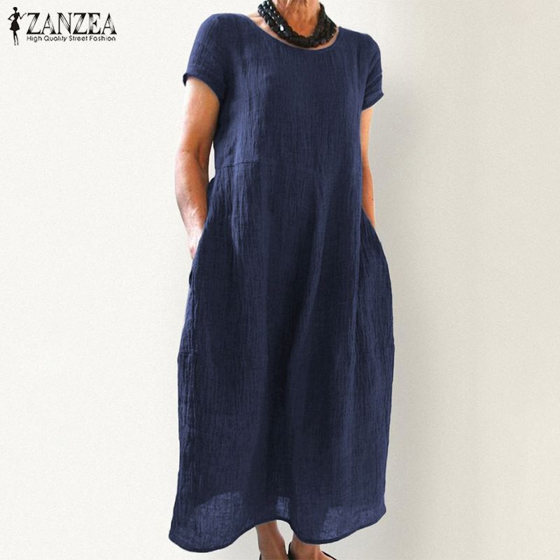 ZANZEA 2022 Elegant Linen Midi Dress Women&#39;s Summer Sundress vintage Short Sleeve Tunic Vestido Female O Neck Pleated Robe Femme