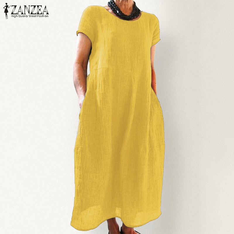 ZANZEA 2022 Elegant Linen Midi Dress Women&#39;s Summer Sundress vintage Short Sleeve Tunic Vestido Female O Neck Pleated Robe Femme