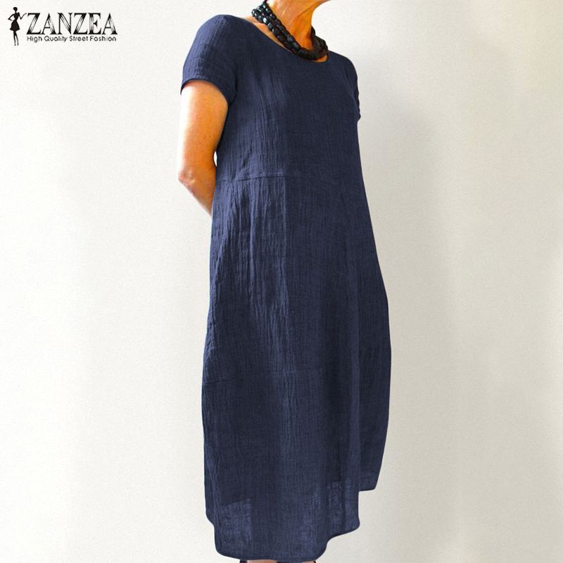 ZANZEA 2022 Elegant Linen Midi Dress Women&#39;s Summer Sundress vintage Short Sleeve Tunic Vestido Female O Neck Pleated Robe Femme