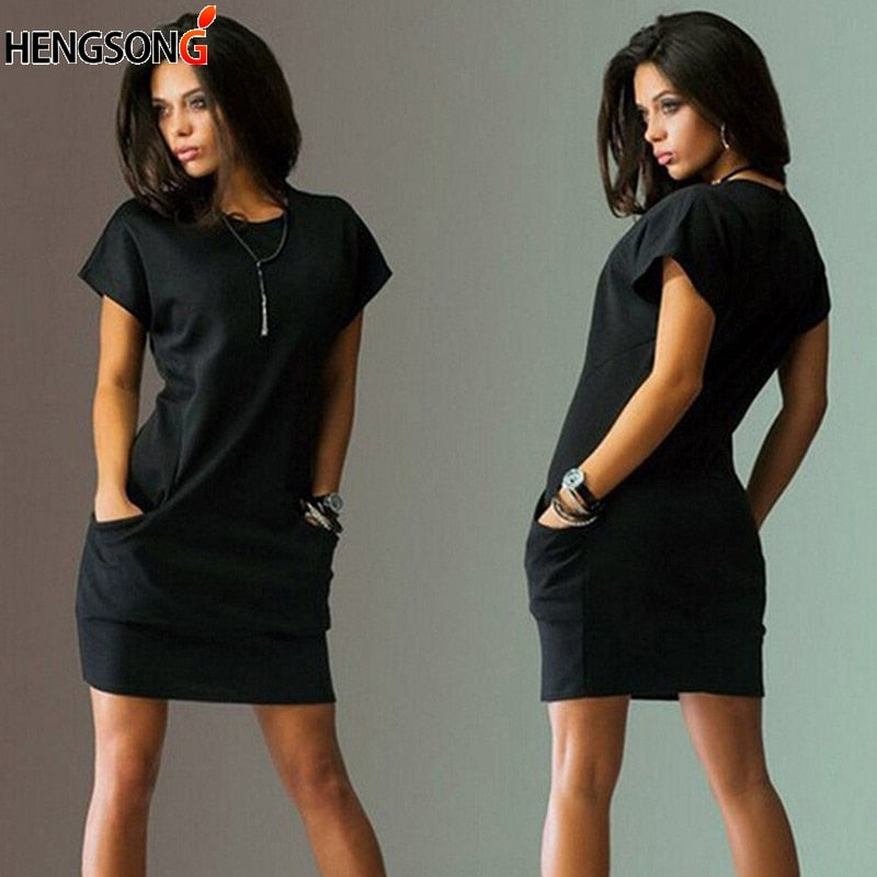 Female Dress Vestidos Summer For Women Casual Short Sleeve O Neck Mini Dress Pocket Loose Casual Female Dress