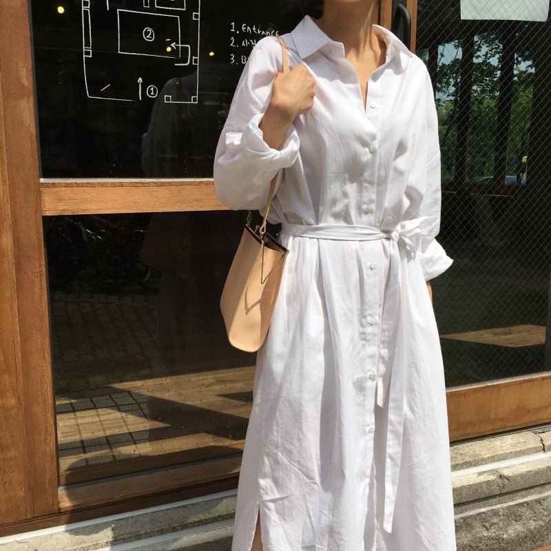 Long-sleeve collared long shirt dress with belt