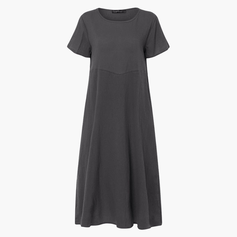 ZANZEA 2022 Elegant Linen Midi Dress Women&#39;s Summer Sundress vintage Short Sleeve Tunic Vestido Female O Neck Pleated Robe Femme