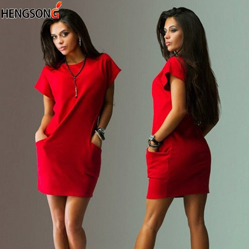 Female Dress Vestidos Summer For Women Casual Short Sleeve O Neck Mini Dress Pocket Loose Casual Female Dress