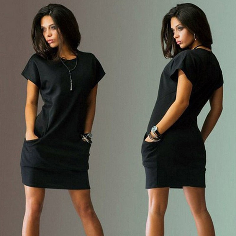 Female Dress Vestidos Summer For Women Casual Short Sleeve O Neck Mini Dress Pocket Loose Casual Female Dress