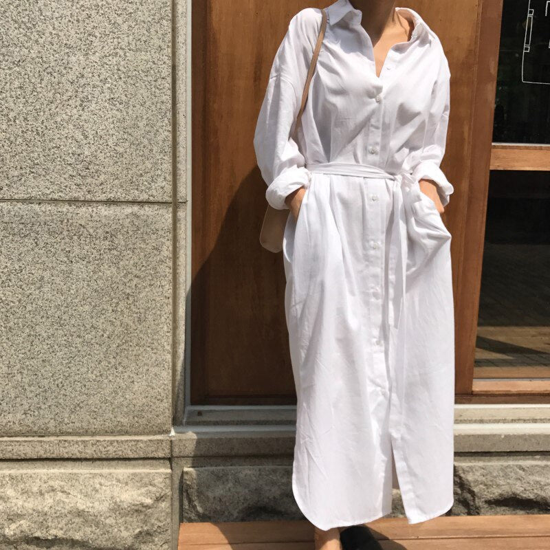 Long-sleeve collared long shirt dress with belt