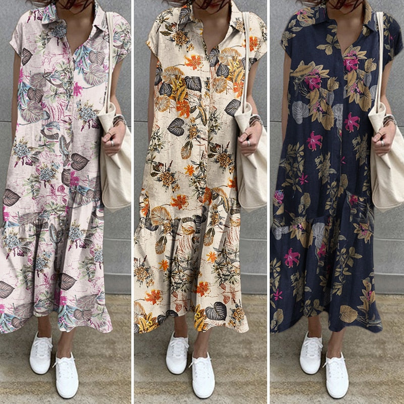 ZANZEA Elegant Summer Long Shirt Dress Women Lapel Neck Short Sleeve Solid Loose Work Sundress Robe Femme Maxi Vestido