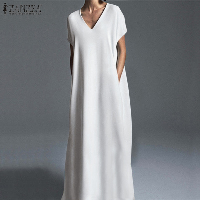 Women Summer Maxi Dress ZANZEA Elegant Beach Sundress Casual V Neck Vestidos Female Party Short Sleeve Robe Kaftan