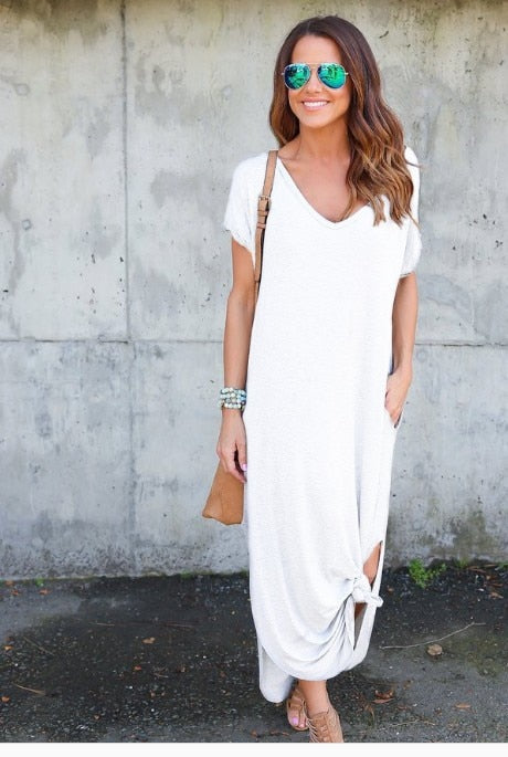 Loose short-sleeve maxi dress with side splits