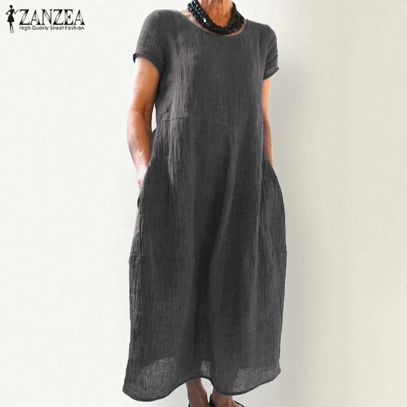 ZANZEA 2022 Elegant Linen Midi Dress Women&#39;s Summer Sundress vintage Short Sleeve Tunic Vestido Female O Neck Pleated Robe Femme