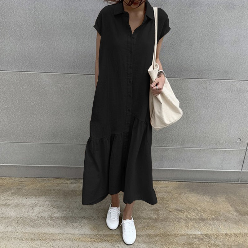 ZANZEA Elegant Summer Long Shirt Dress Women Lapel Neck Short Sleeve Solid Loose Work Sundress Robe Femme Maxi Vestido