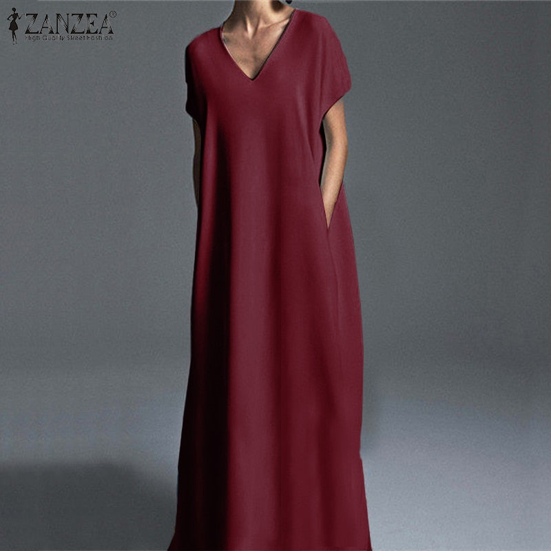 Women Summer Maxi Dress ZANZEA Elegant Beach Sundress Casual V Neck Vestidos Female Party Short Sleeve Robe Kaftan