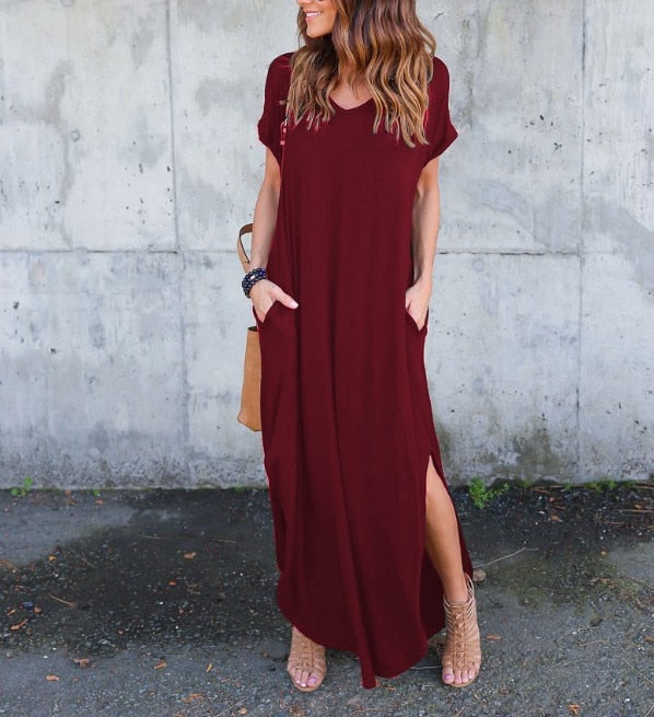 Loose short-sleeve maxi dress with side splits