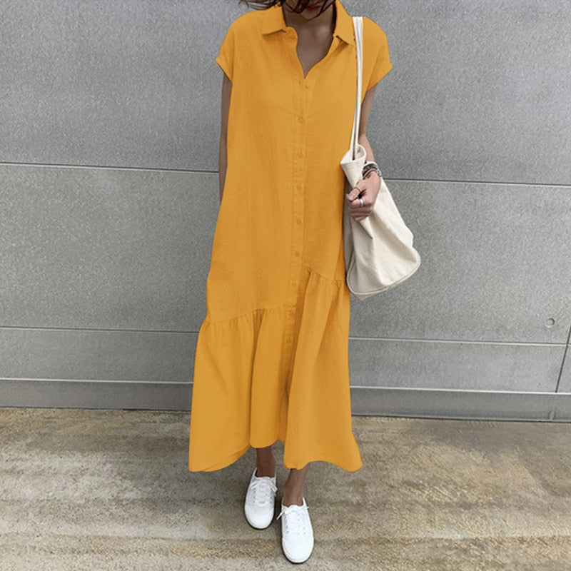 ZANZEA Elegant Summer Long Shirt Dress Women Lapel Neck Short Sleeve Solid Loose Work Sundress Robe Femme Maxi Vestido