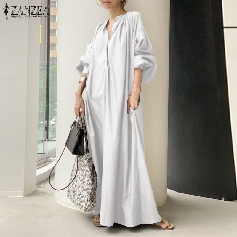 Oversized flowy maxi dress with lantern sleeves