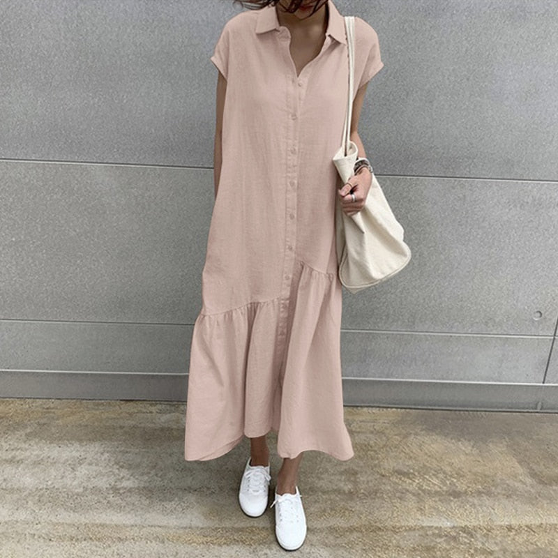 ZANZEA Elegant Summer Long Shirt Dress Women Lapel Neck Short Sleeve Solid Loose Work Sundress Robe Femme Maxi Vestido