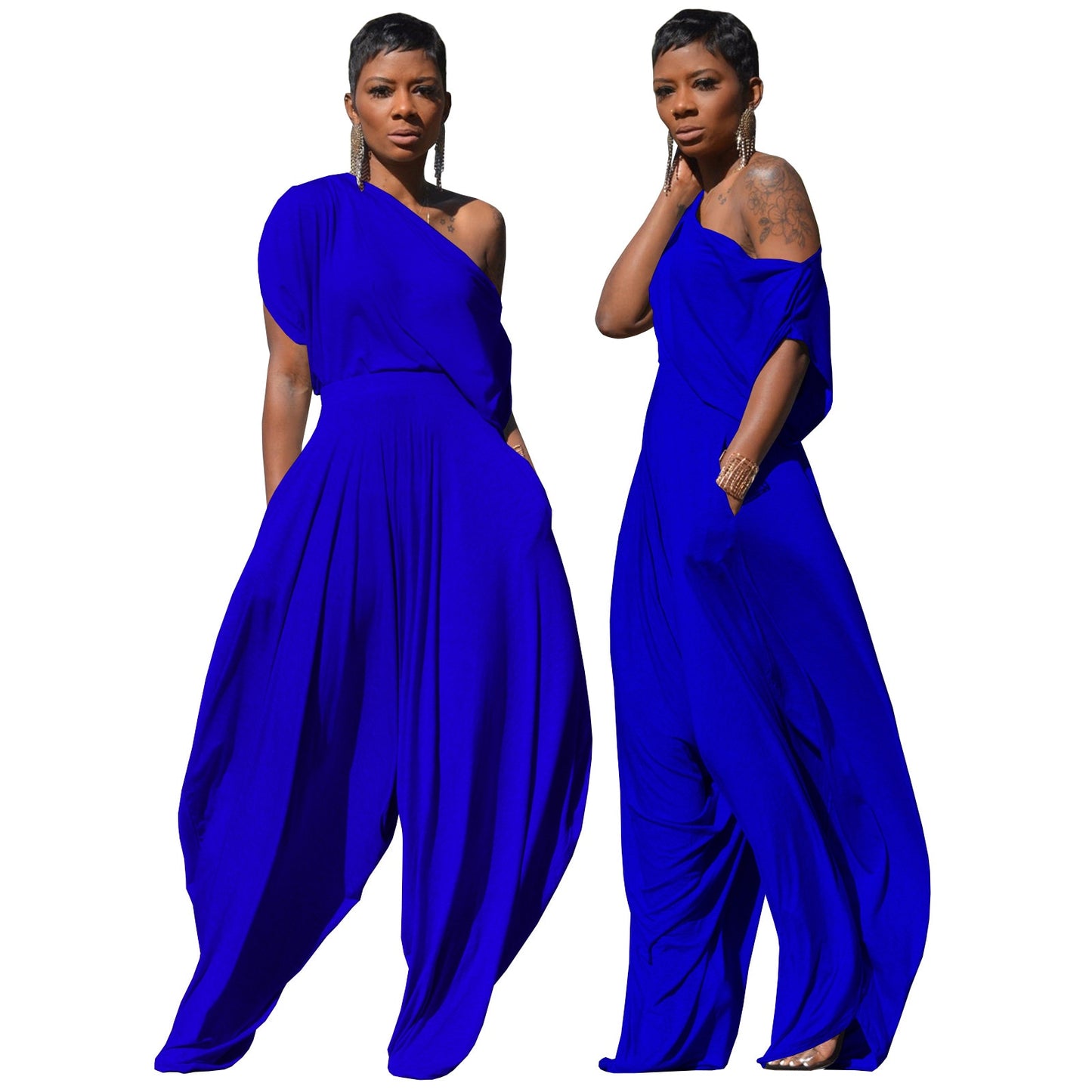 CM.YAYA Hip Hop Women 2pcs Set Off Shoulder T-shirt Tops and Loose Haren Pants Suit Sweatsuit Tracksuit Two Piece Set Outfits