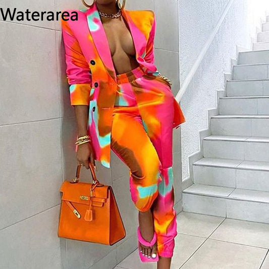 Waterarea Autumn Winter Women orange Tie-dye Set Two Piece Set Office Suit Outfits Blazer Casual Skinny Leg Set Pants