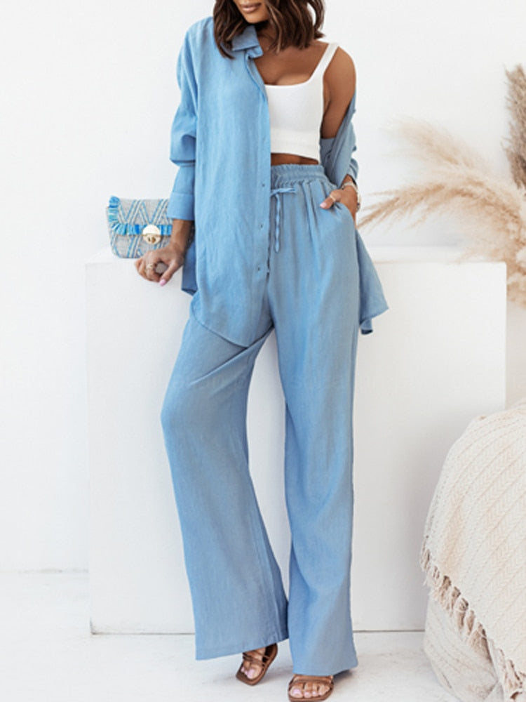 2-piece loose long-sleeve blouse and wide-legged trousers set