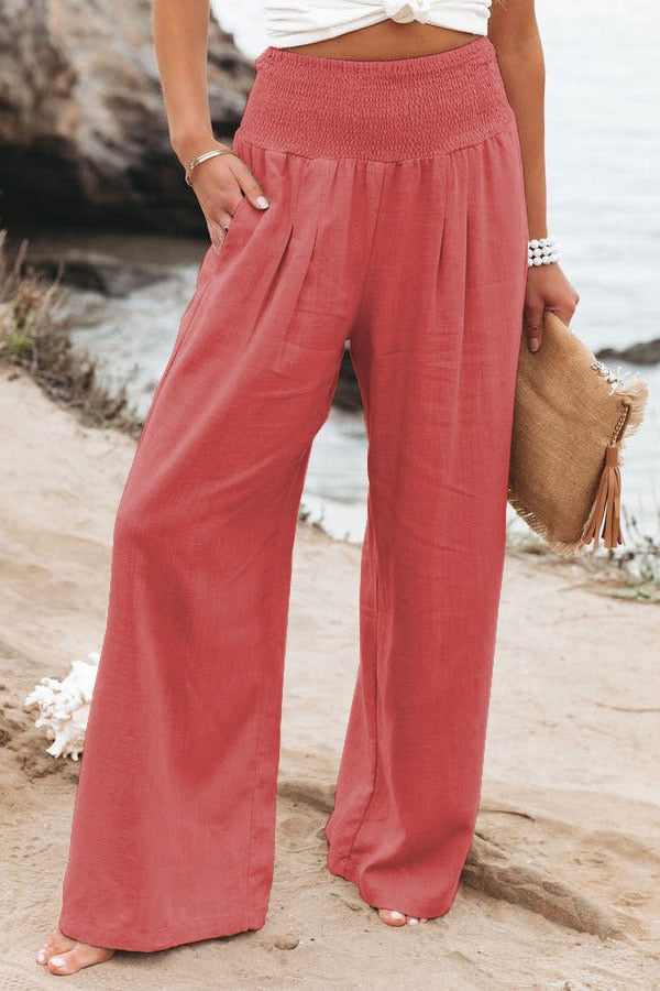 Summer 2022 Cotton Linen Style Women Loose Long Trousers Leisure Solid Color High Waist Ruched Beach Wide Leg Pants with Pocket