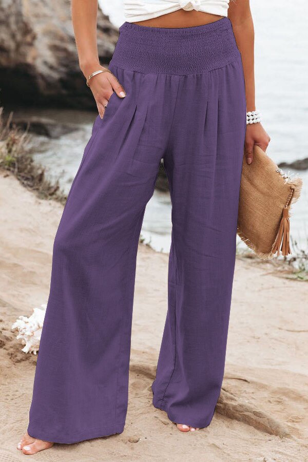 Summer 2022 Cotton Linen Style Women Loose Long Trousers Leisure Solid Color High Waist Ruched Beach Wide Leg Pants with Pocket