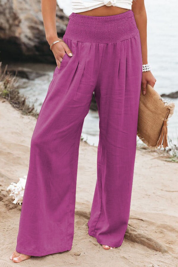 Summer 2022 Cotton Linen Style Women Loose Long Trousers Leisure Solid Color High Waist Ruched Beach Wide Leg Pants with Pocket