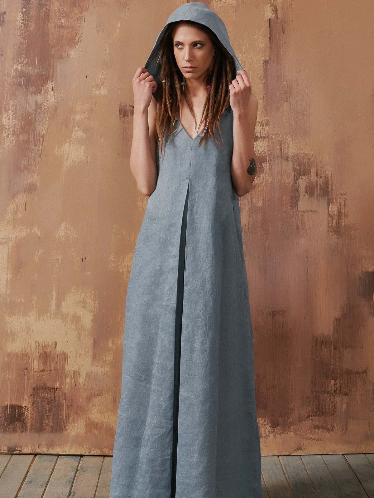 Hooded linen maxi dress