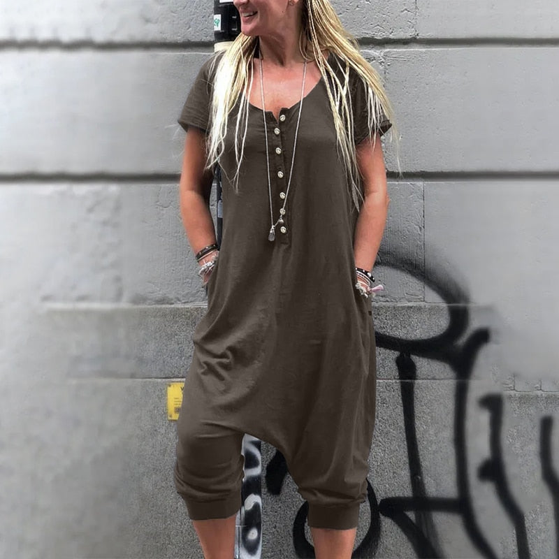 Short-sleeve loose button up jumpsuit