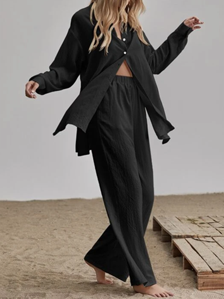 2-piece loose long-sleeve blouse and wide-legged trousers set