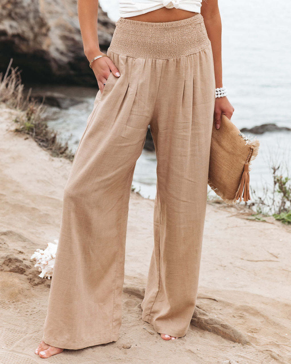 Summer 2022 Cotton Linen Style Women Loose Long Trousers Leisure Solid Color High Waist Ruched Beach Wide Leg Pants with Pocket