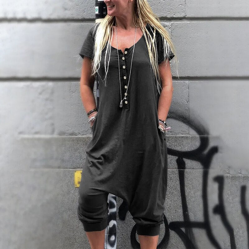 Short-sleeve loose button up jumpsuit